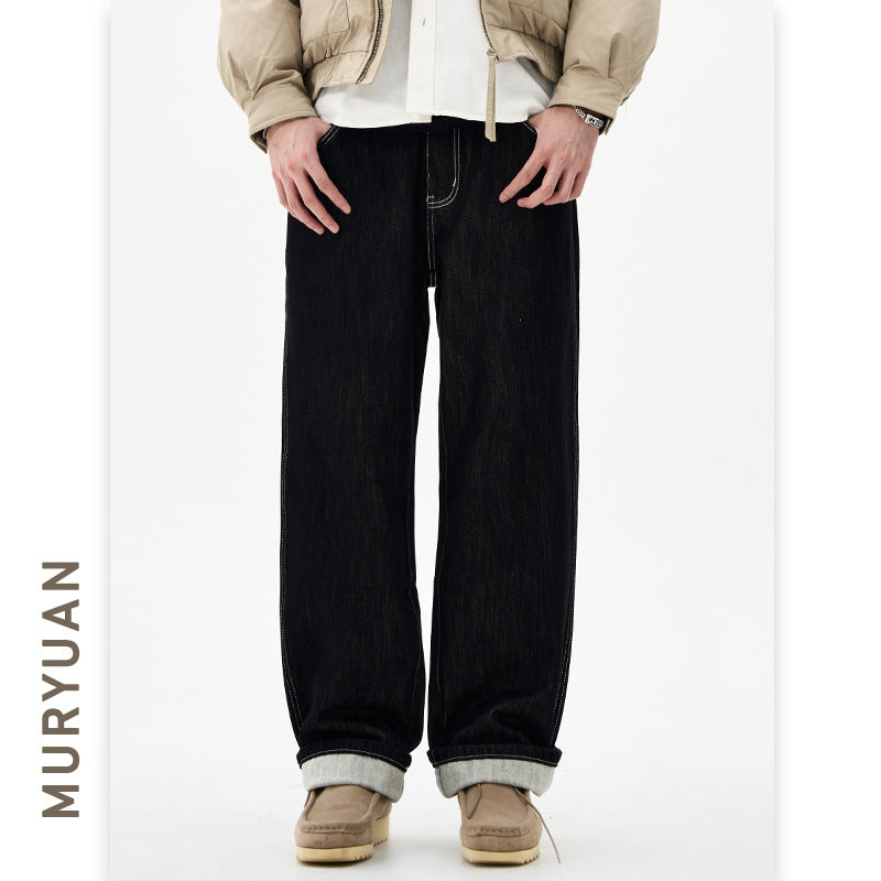 Cleanfit Thickened Denim Pants Men Raw Black Loose Straight Leg Pants