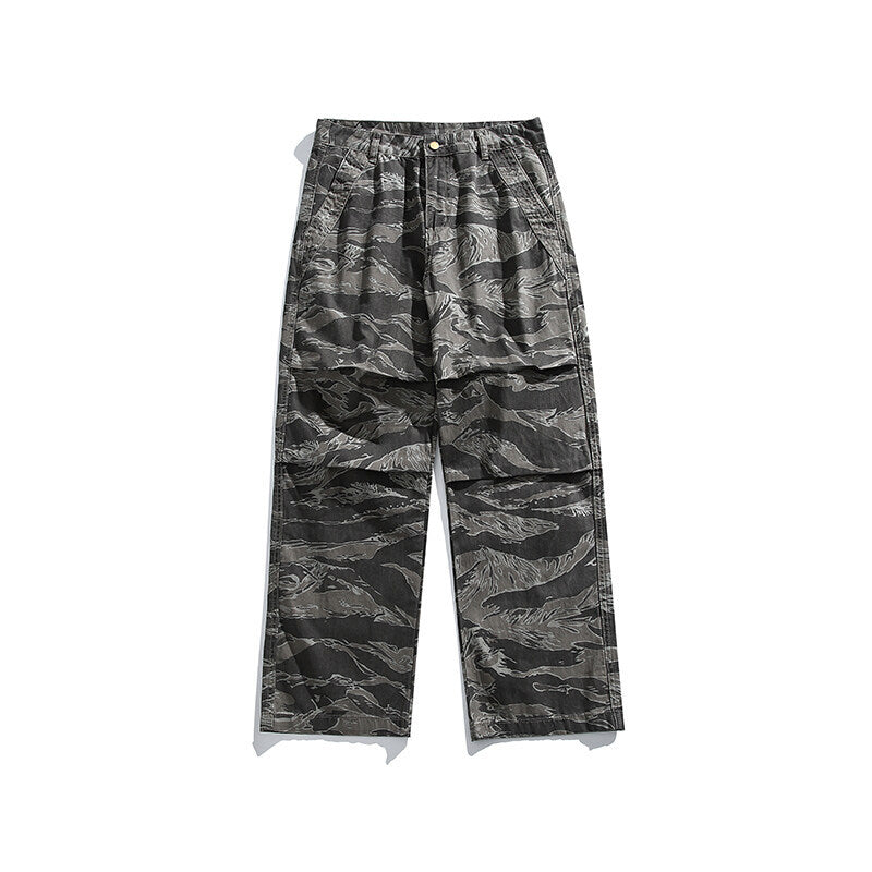 Loose washed vintage camouflage straight leg pants for men