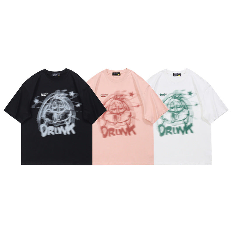 Cartoon printed round neck short sleeved men's and women's T-shirts