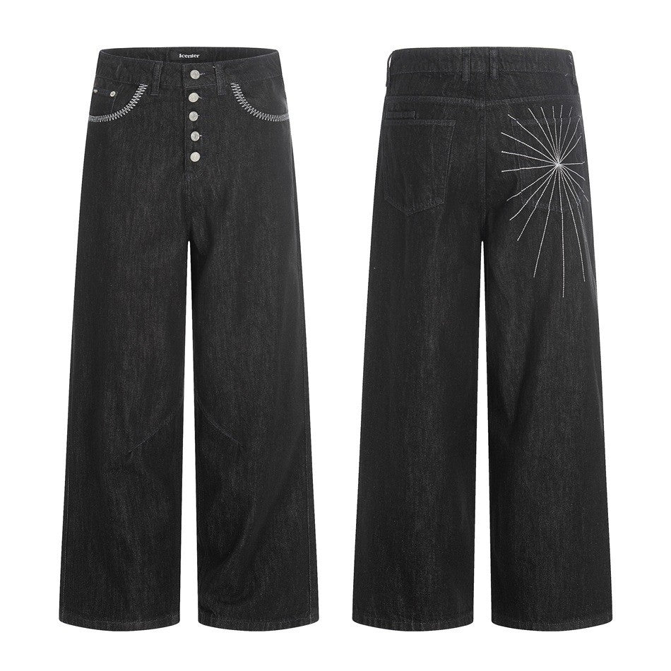 Button-Down Cargo Pants Men Loose Casual Raw Denim Jeans