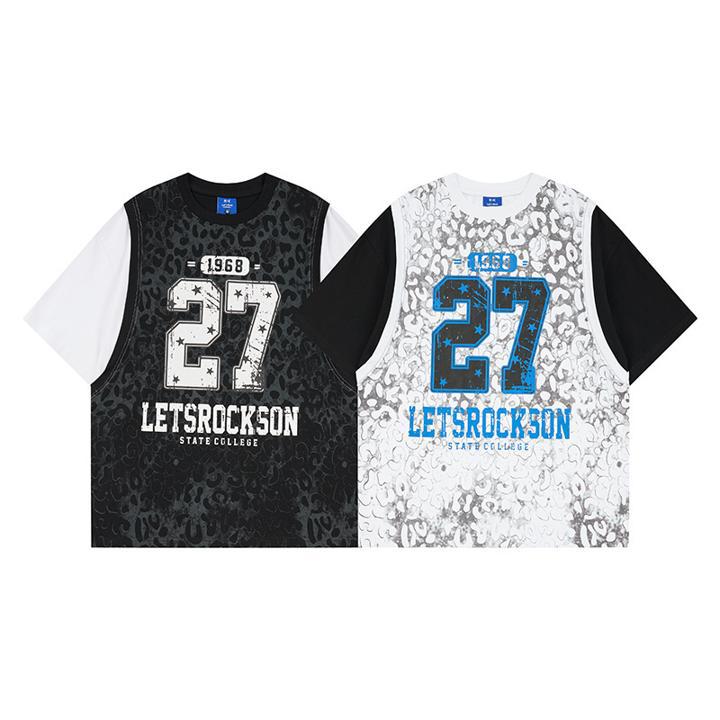 Leopard print fake two short sleeved T-shirts