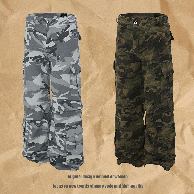 Straight Pants with Multiple Pockets and Pleated Silhouette for Men and Women