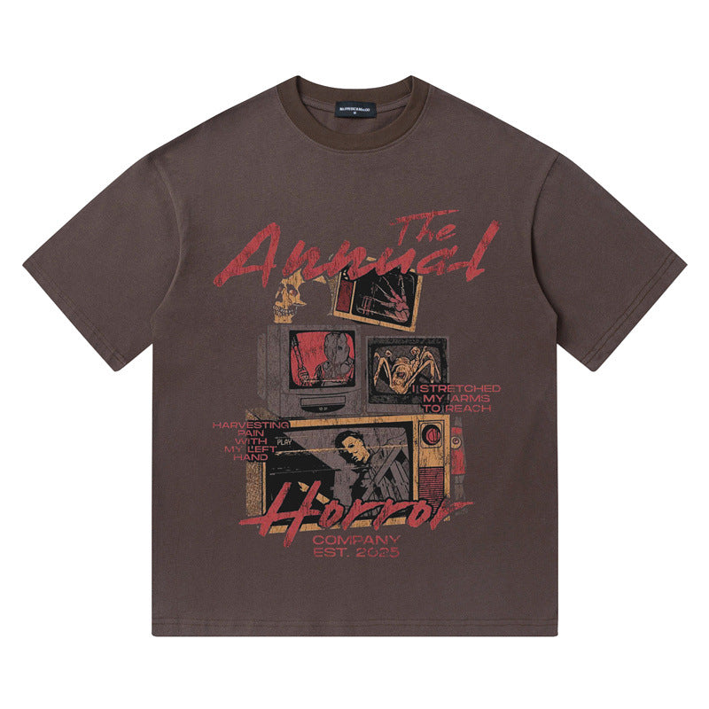 TV vintage letter printed loose fitting men's and women's T-shirts