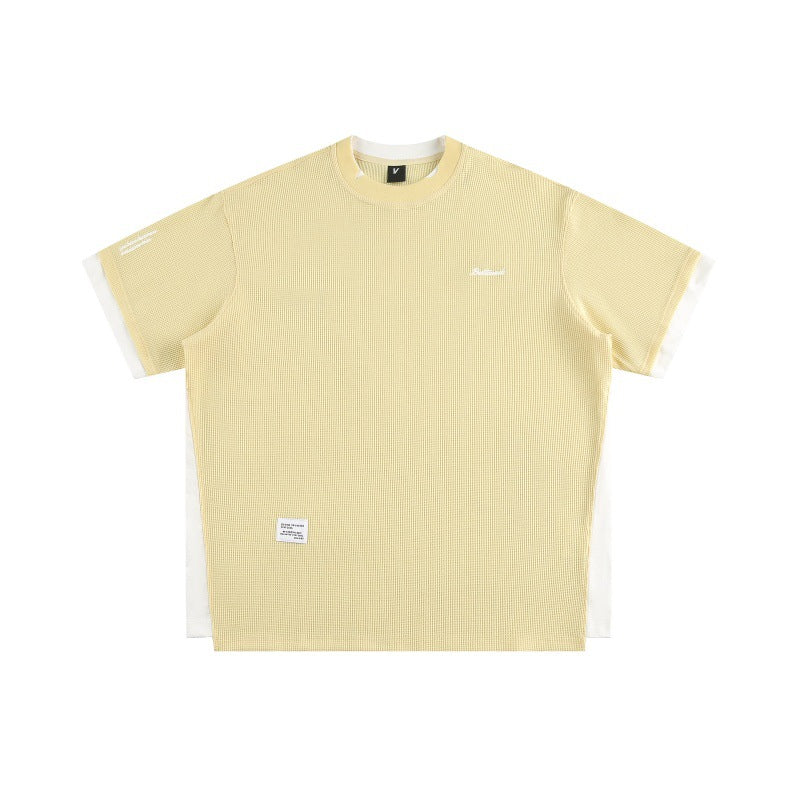 Letter Embroidered Fake Two Loose Waffle Short sleeved T-shirts