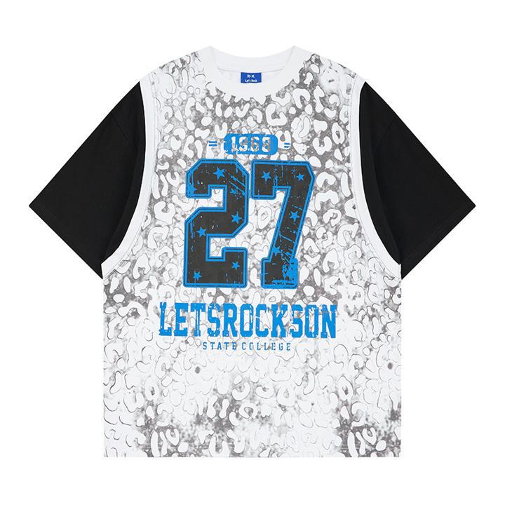 Leopard print fake two short sleeved T-shirts