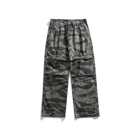 Loose washed vintage camouflage straight leg pants for men