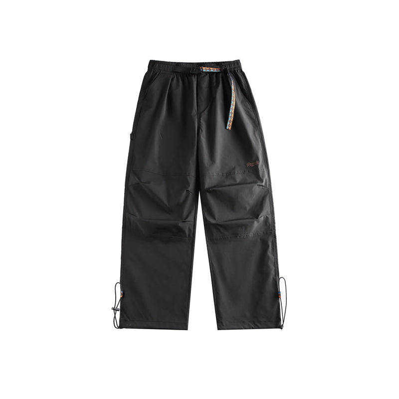 Solid color minimalist waistband casual pants for men with drawstring leg ties