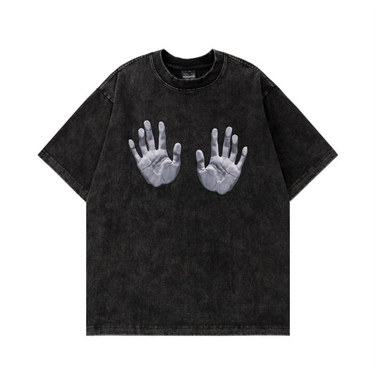 Handprint printed letters for vintage loose fitting men's and women's T-shirts
