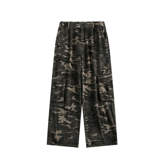 Camouflage work pants for men and women with loose straight leg and hanging feel
