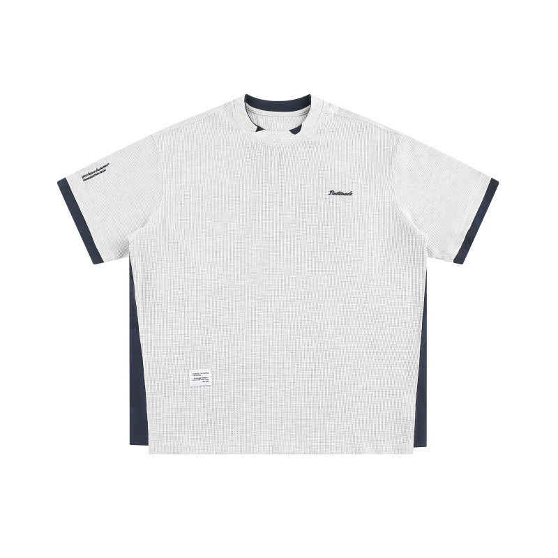 Letter Embroidered Fake Two Loose Waffle Short sleeved T-shirts