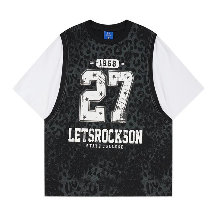 Leopard print fake two short sleeved T-shirts