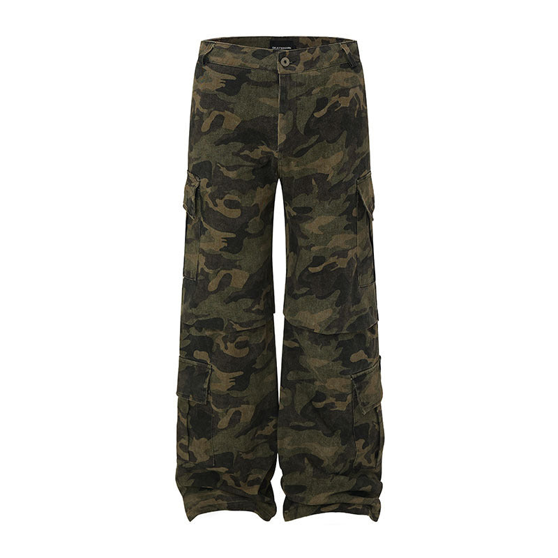 Straight Pants with Multiple Pockets and Pleated Silhouette for Men and Women